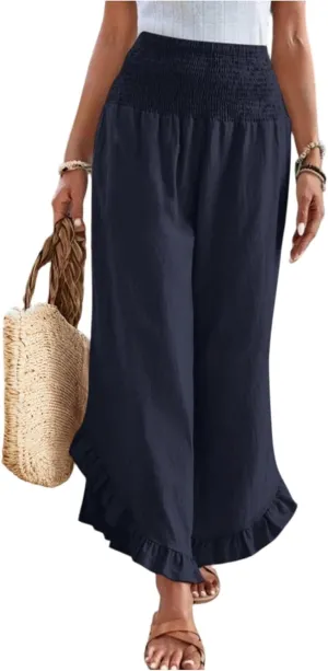 Women Linen Pants Summer Wide Leg Pants Smocked Waist Ruffle Palazzo Pant Flowy Beach Vacation Trouser with Pockets