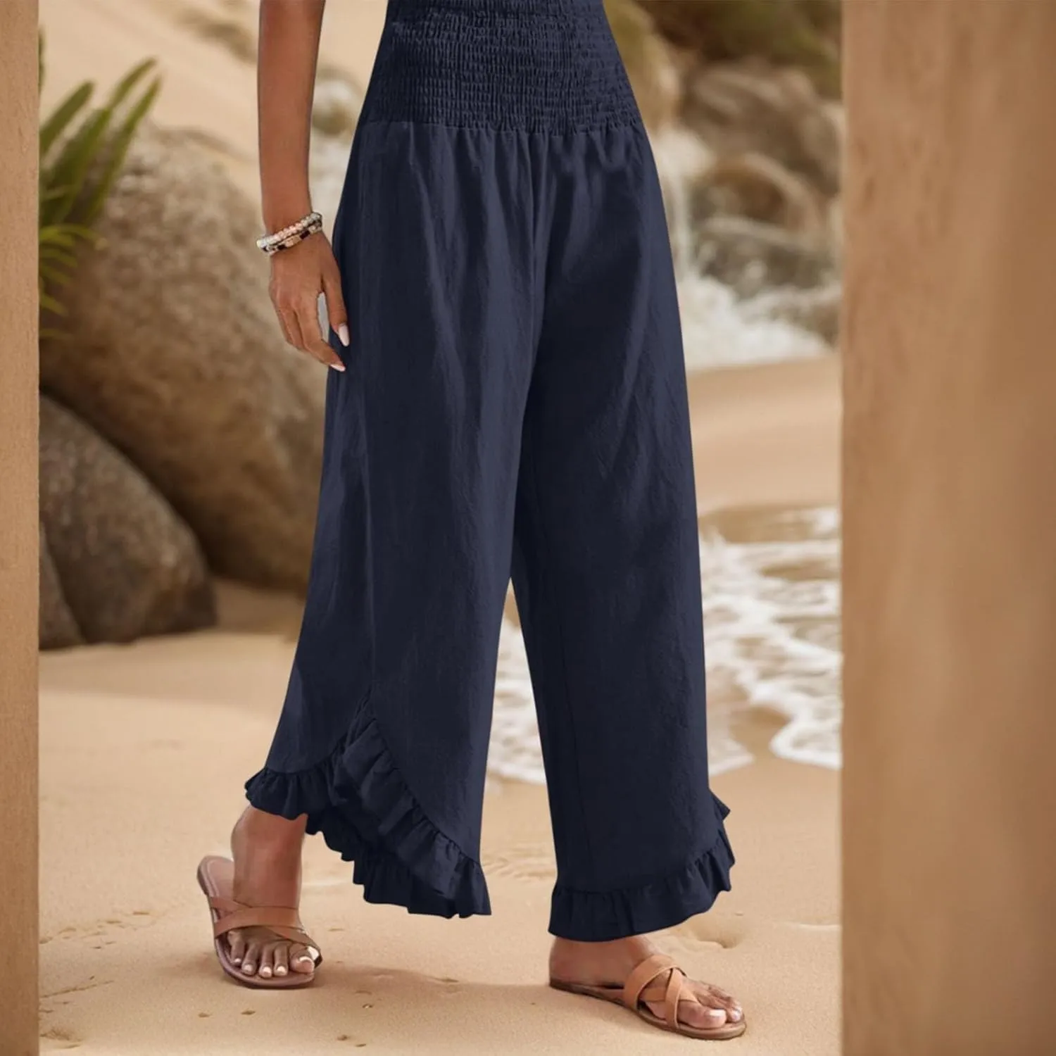 Women Linen Pants Summer Wide Leg Pants Smocked Waist Ruffle Palazzo Pant Flowy Beach Vacation Trouser with Pockets