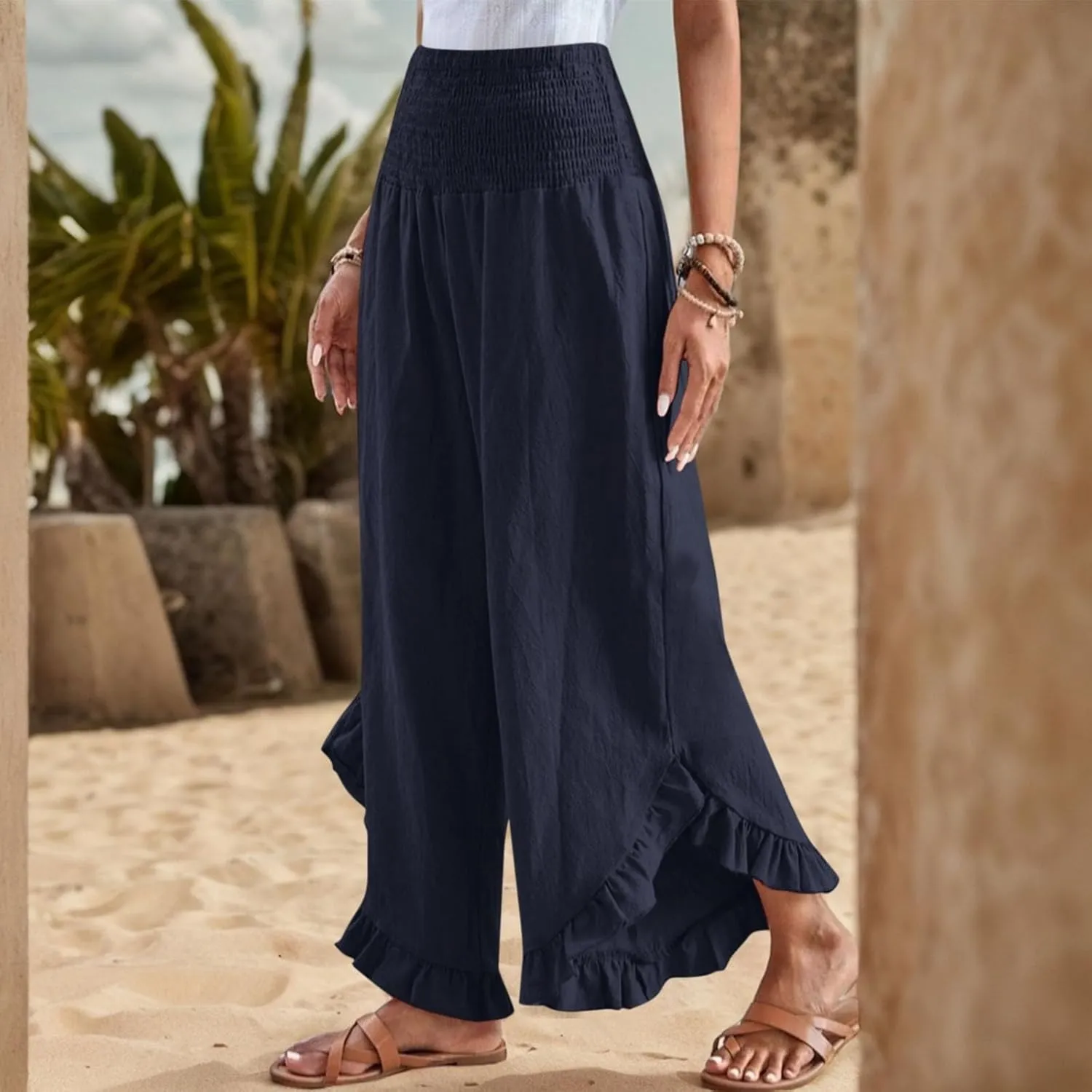 Women Linen Pants Summer Wide Leg Pants Smocked Waist Ruffle Palazzo Pant Flowy Beach Vacation Trouser with Pockets