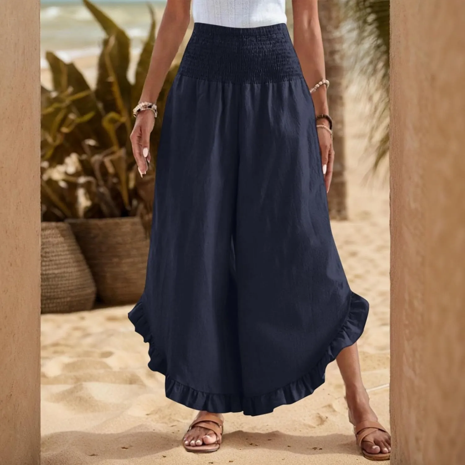 Women Linen Pants Summer Wide Leg Pants Smocked Waist Ruffle Palazzo Pant Flowy Beach Vacation Trouser with Pockets