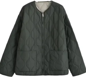 Women Patch Pocket Cotton Padded Jacket Coat Vintage O Neck Long Sleeve Zipper-Up Outerwear Tops picture colour M