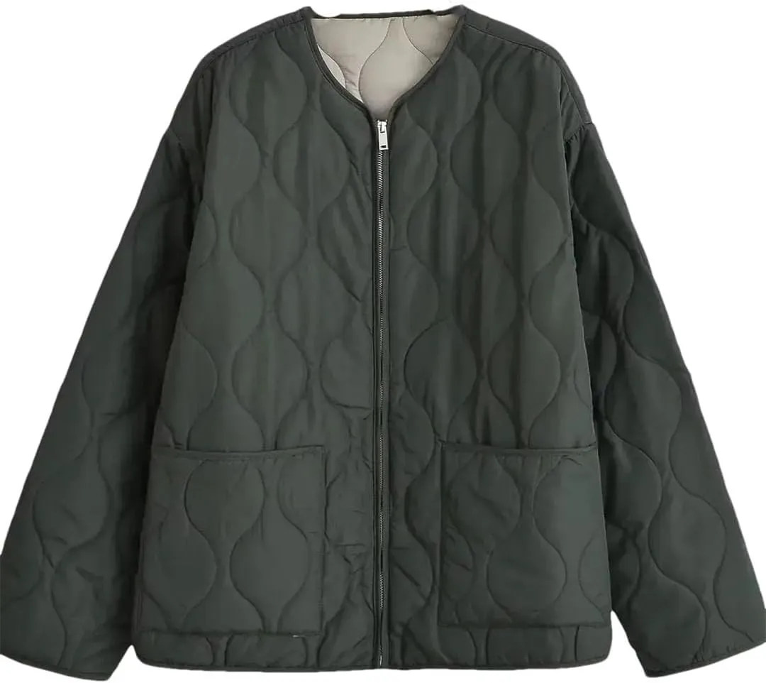 Women Patch Pocket Cotton Padded Jacket Coat Vintage O Neck Long Sleeve Zipper-Up Outerwear Tops picture colour M