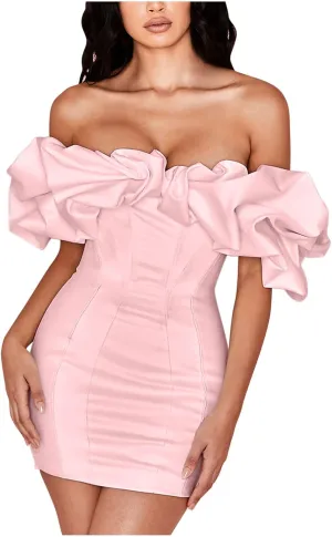 Women Sexy Bodycon Dress Ruffle Sleeve Cocktail Evening Party Elegant Mini Dresses Off Shoulder Slim Fit Club Dress