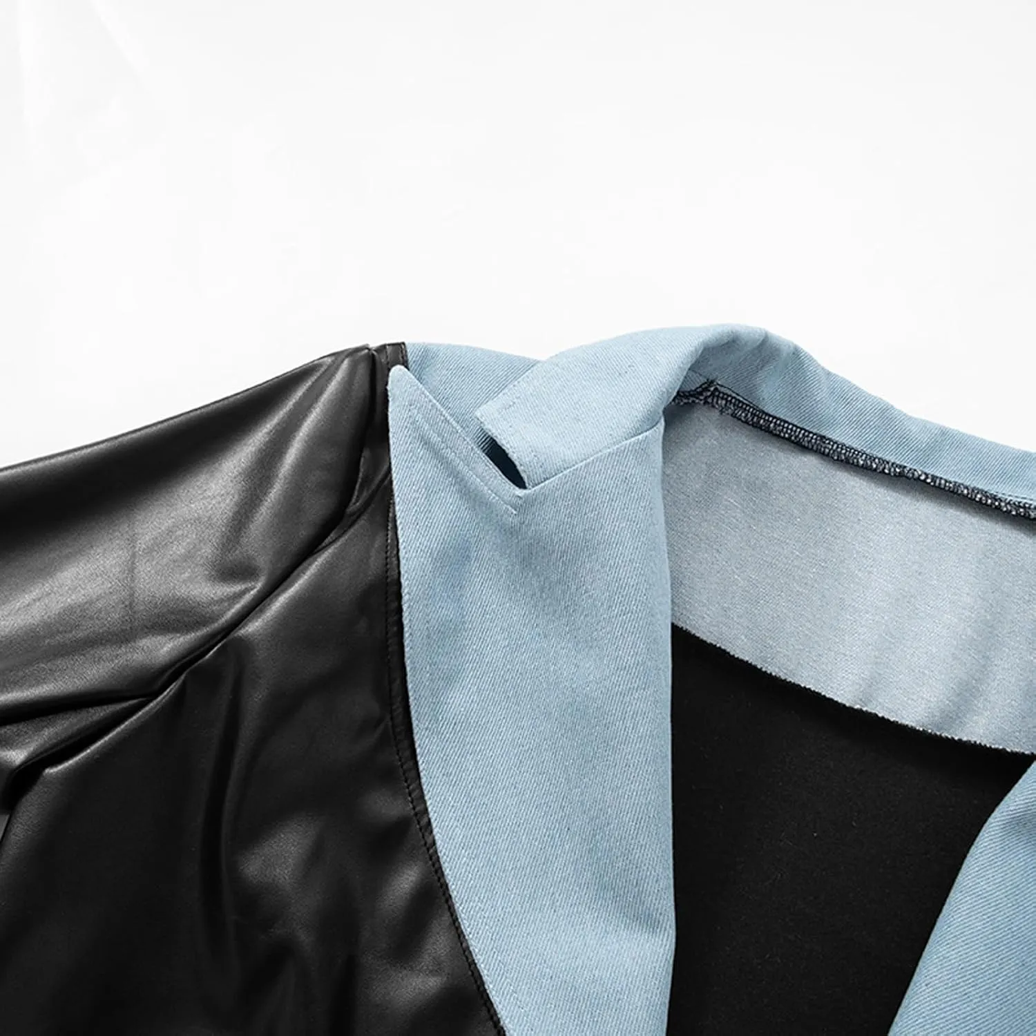 Women Sexy Faux Leather Cropped Jacket Long Sleeve Denim Patchwork Lapel PU Leather Blazer