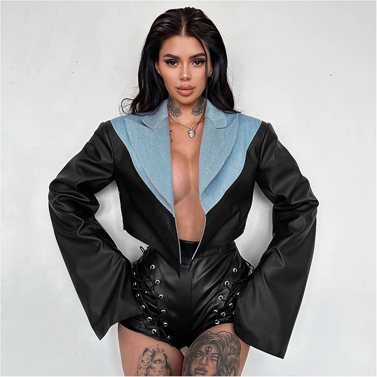 Women Sexy Faux Leather Cropped Jacket Long Sleeve Denim Patchwork Lapel PU Leather Blazer