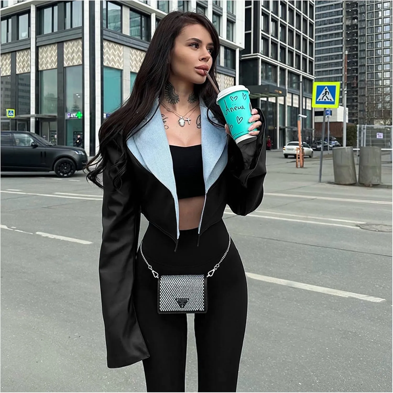 Women Sexy Faux Leather Cropped Jacket Long Sleeve Denim Patchwork Lapel PU Leather Blazer