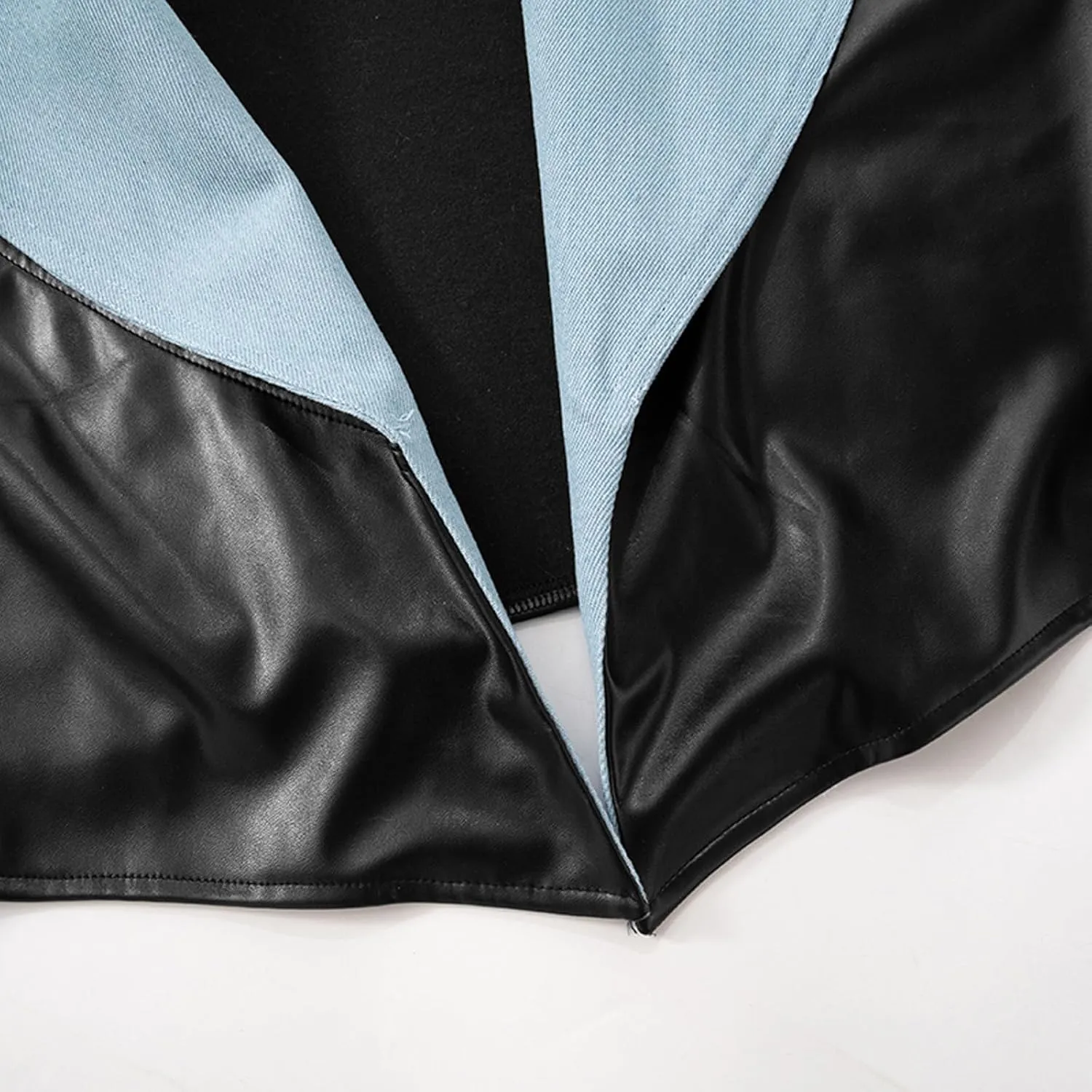 Women Sexy Faux Leather Cropped Jacket Long Sleeve Denim Patchwork Lapel PU Leather Blazer