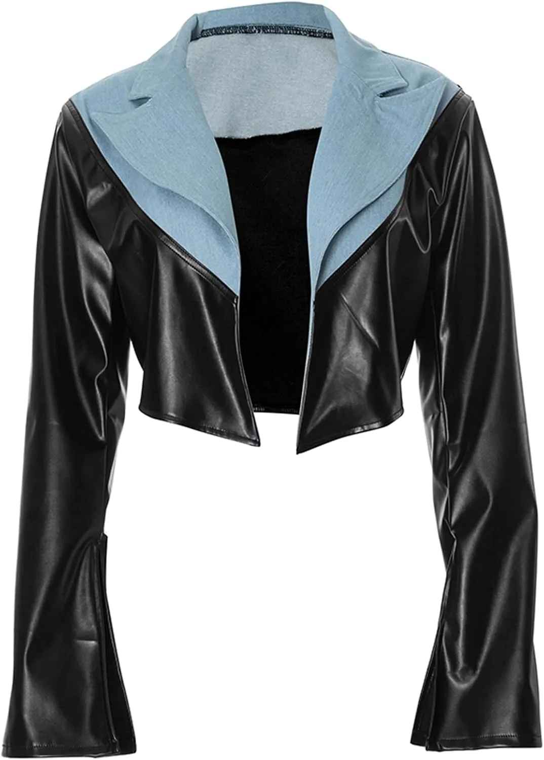 Women Sexy Faux Leather Cropped Jacket Long Sleeve Denim Patchwork Lapel PU Leather Blazer