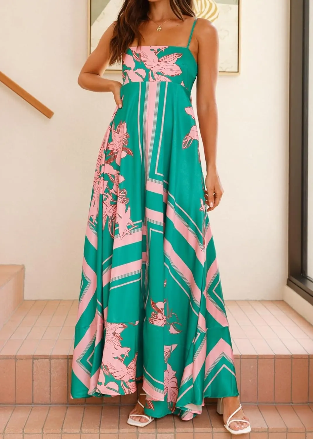 Women Spaghetti Strap Boho Maxi Dress Floral Square Neck Backless Long Dress Summer A Line Flowy Beach Sundress