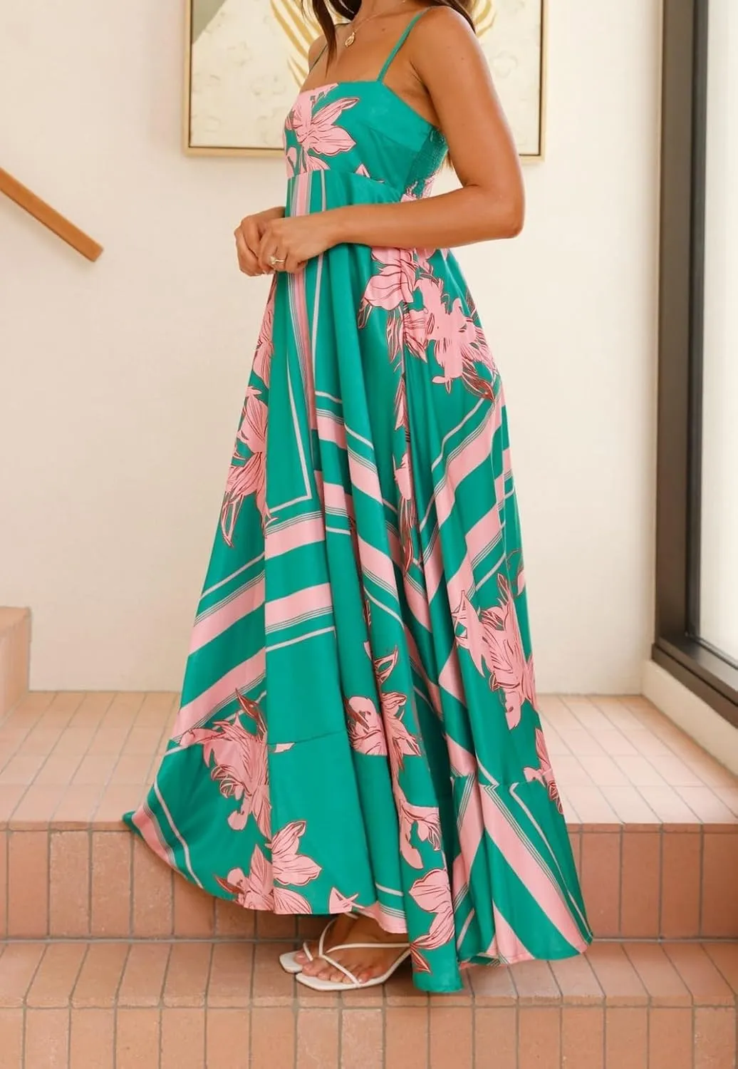 Women Spaghetti Strap Boho Maxi Dress Floral Square Neck Backless Long Dress Summer A Line Flowy Beach Sundress