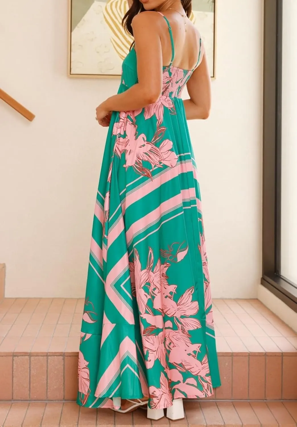 Women Spaghetti Strap Boho Maxi Dress Floral Square Neck Backless Long Dress Summer A Line Flowy Beach Sundress