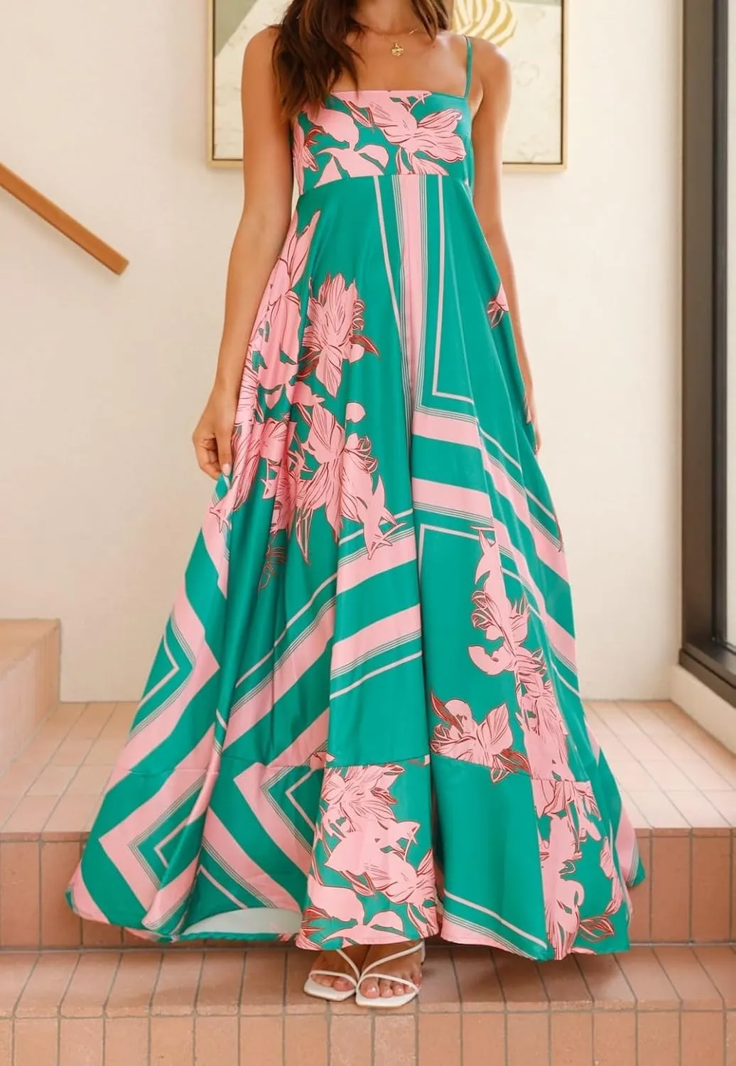 Women Spaghetti Strap Boho Maxi Dress Floral Square Neck Backless Long Dress Summer A Line Flowy Beach Sundress