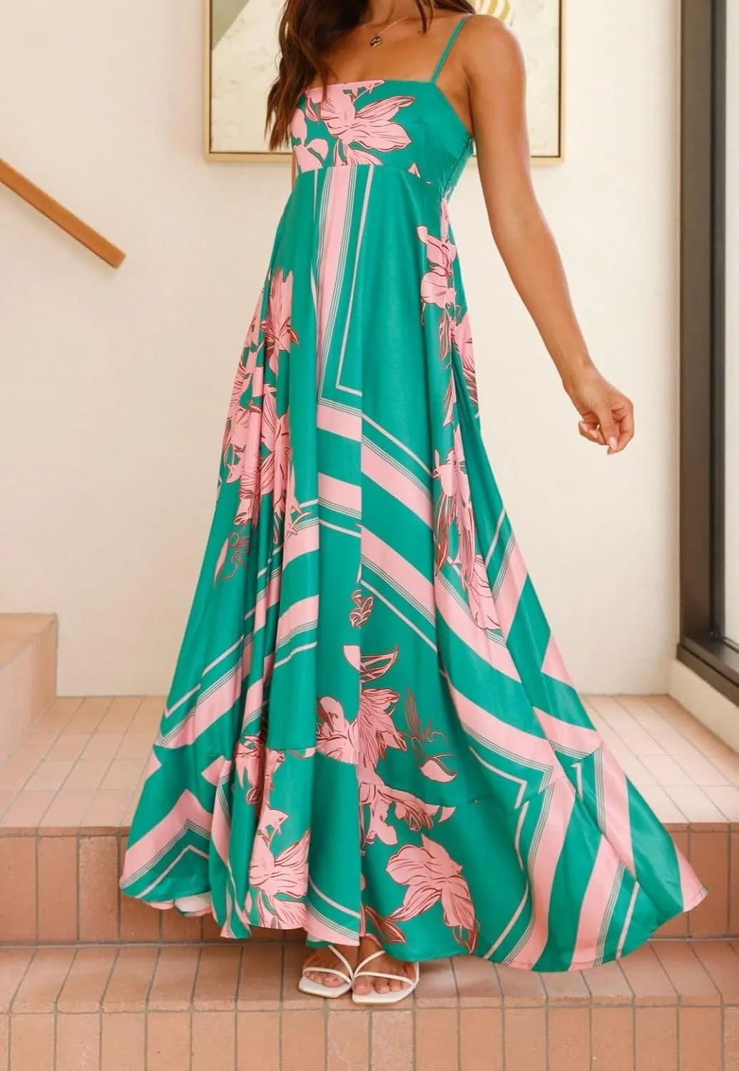 Women Spaghetti Strap Boho Maxi Dress Floral Square Neck Backless Long Dress Summer A Line Flowy Beach Sundress