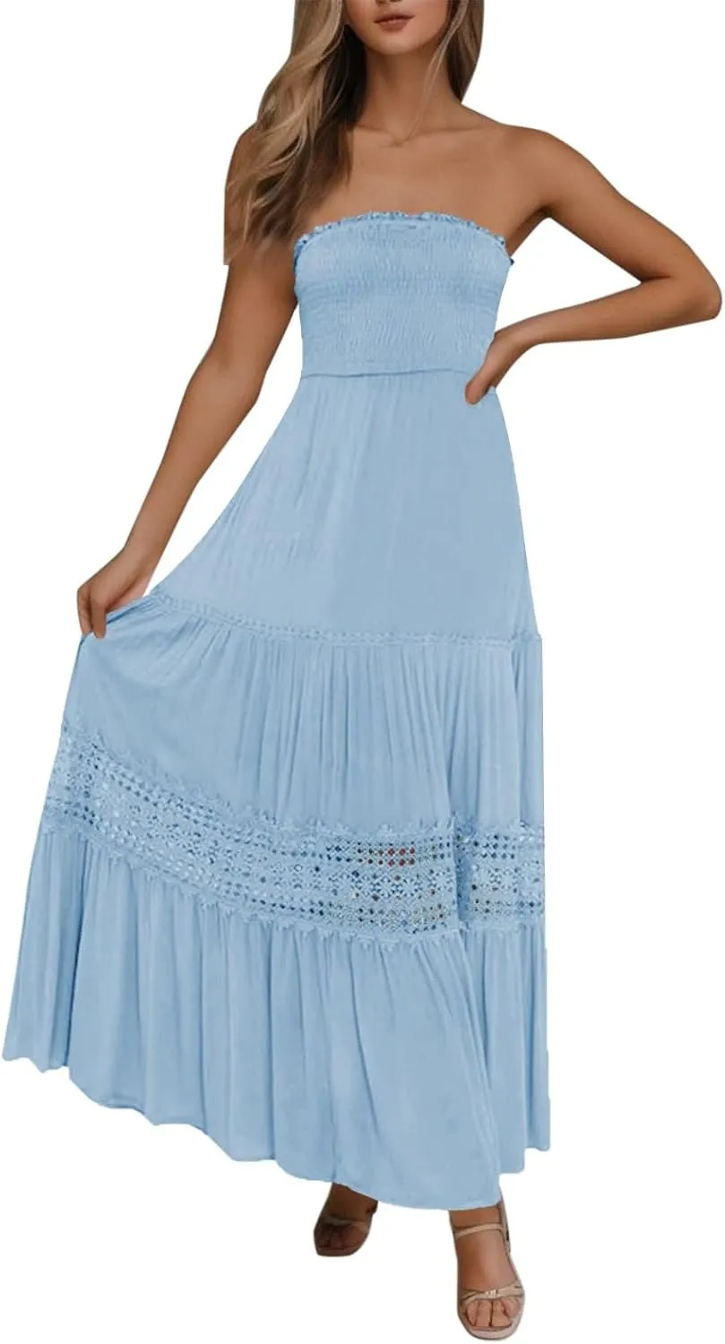 Women Strapless Boho Summer Maxi Dresses Backless Off Shoulder Lace Trim Flowy Swing Casual Long Dress Beach Sundress