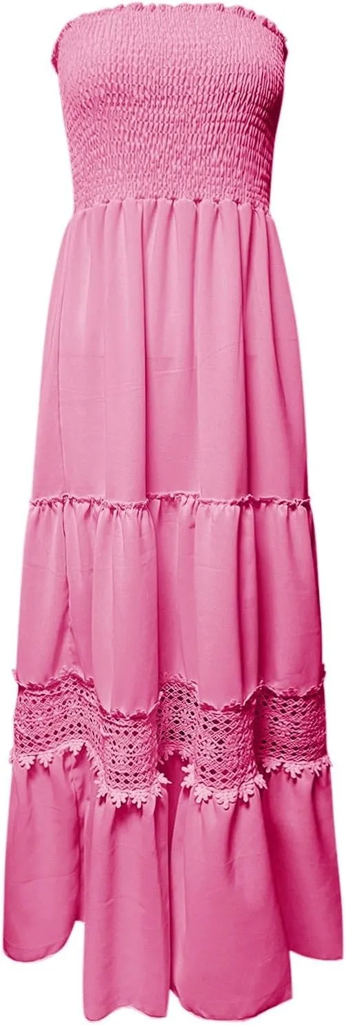 Women Strapless Boho Summer Maxi Dresses Backless Off Shoulder Lace Trim Flowy Swing Casual Long Dress Beach Sundress
