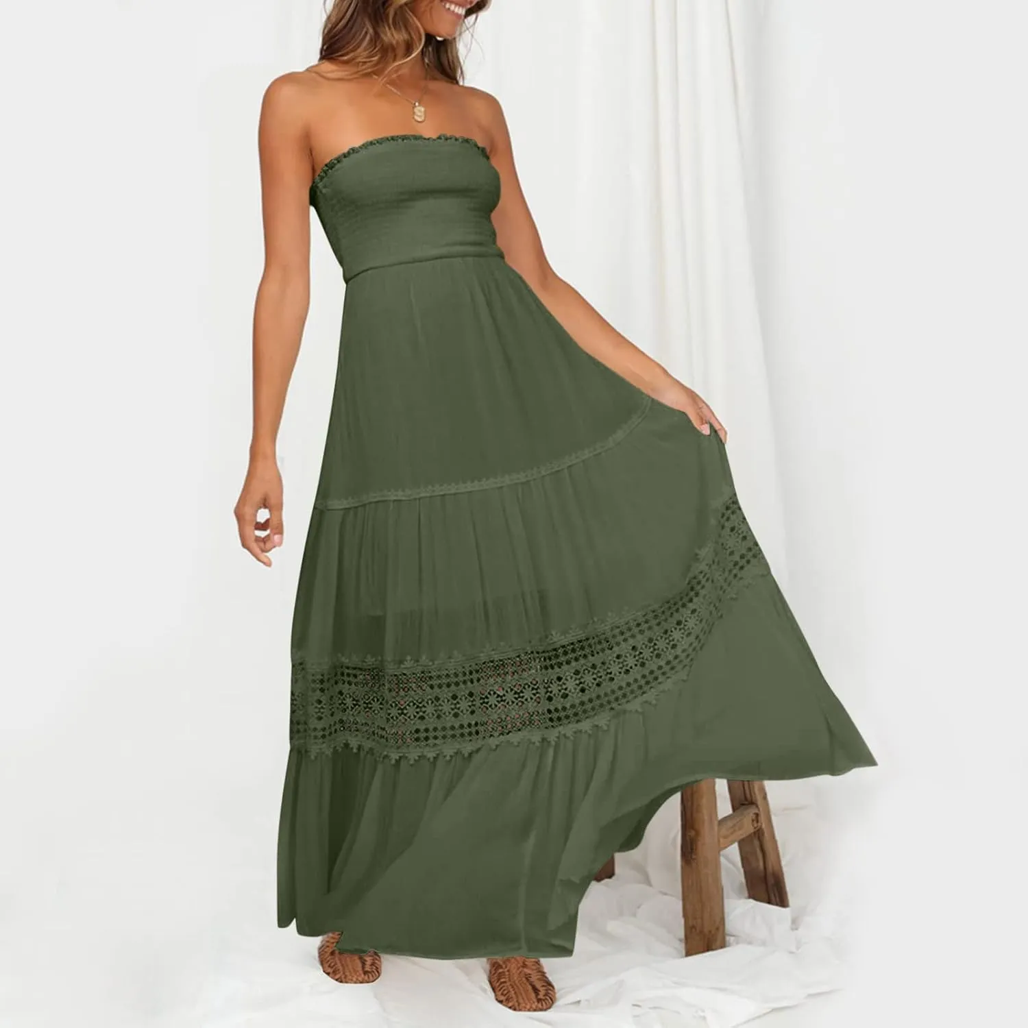 Women Strapless Boho Summer Maxi Dresses Backless Off Shoulder Lace Trim Flowy Swing Casual Long Dress Beach Sundress