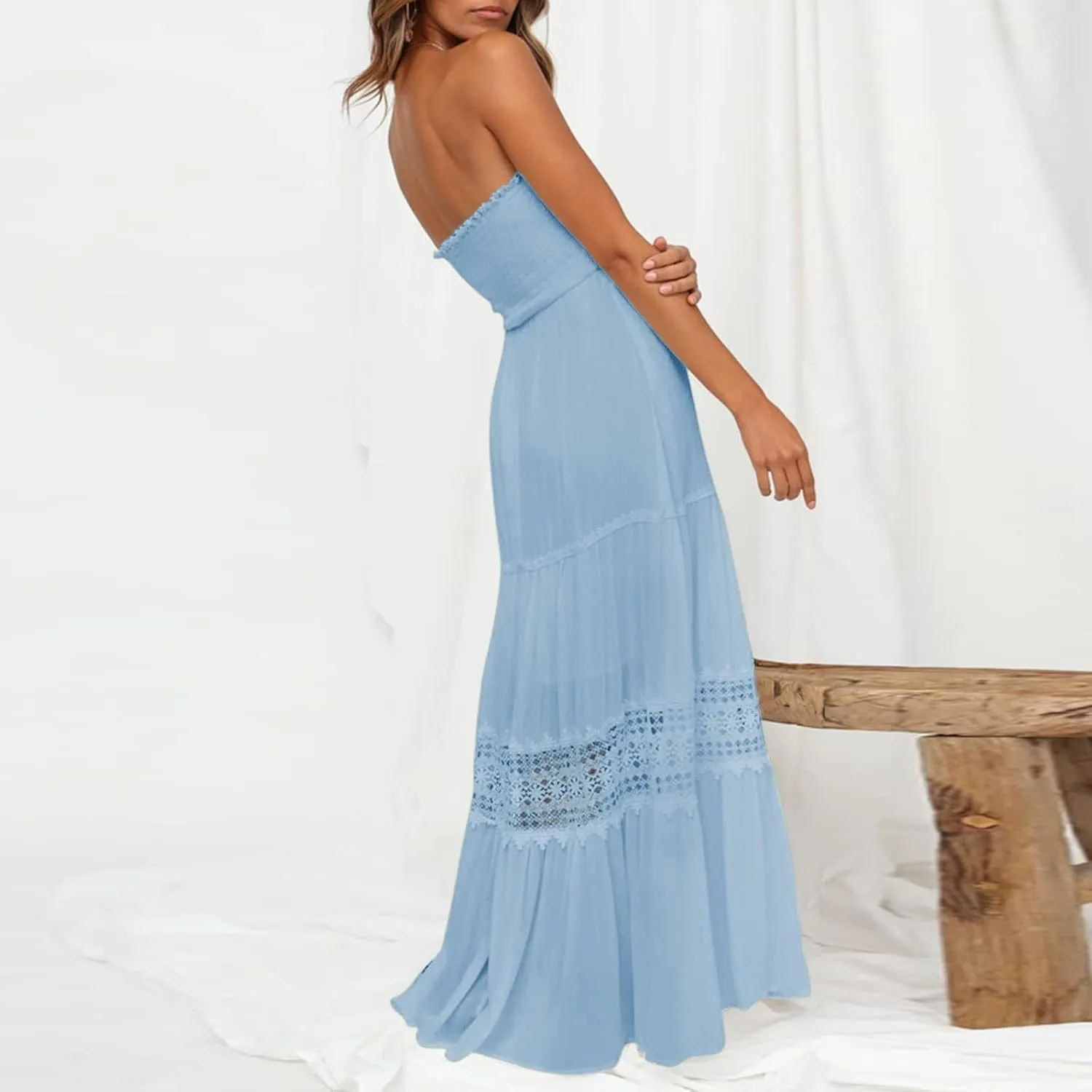 Women Strapless Boho Summer Maxi Dresses Backless Off Shoulder Lace Trim Flowy Swing Casual Long Dress Beach Sundress