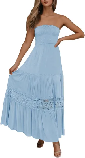 Women Strapless Boho Summer Maxi Dresses Backless Off Shoulder Lace Trim Flowy Swing Casual Long Dress Beach Sundress