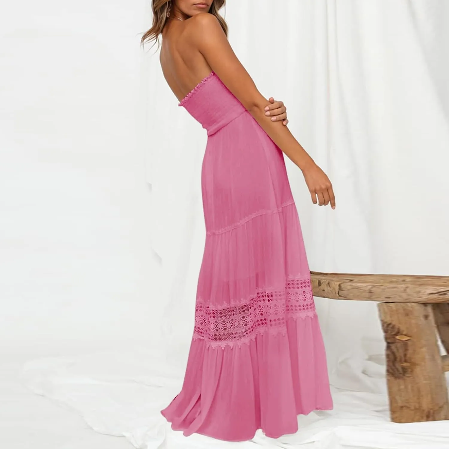 Women Strapless Boho Summer Maxi Dresses Backless Off Shoulder Lace Trim Flowy Swing Casual Long Dress Beach Sundress