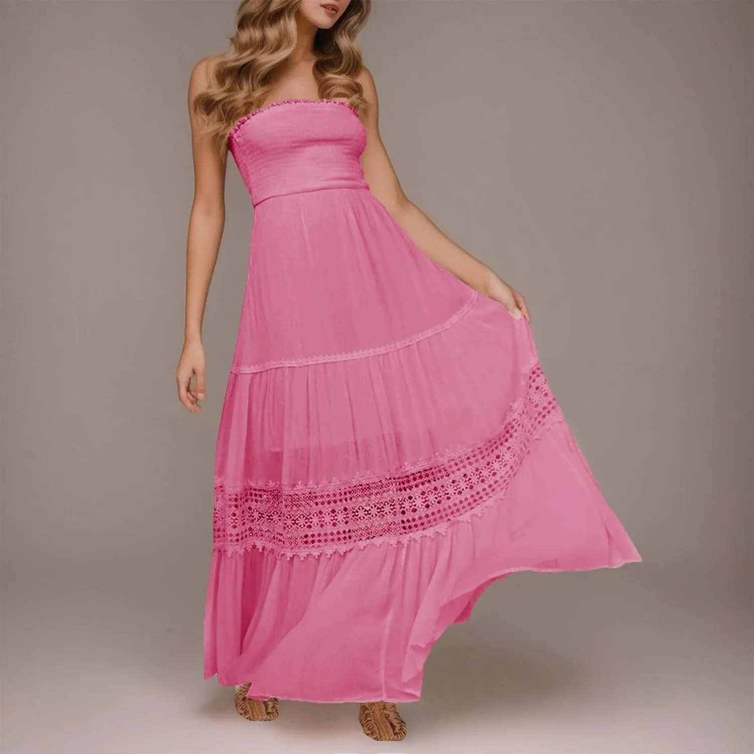 Women Strapless Boho Summer Maxi Dresses Backless Off Shoulder Lace Trim Flowy Swing Casual Long Dress Beach Sundress