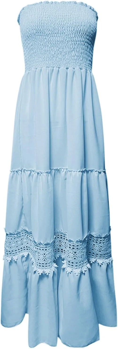 Women Strapless Boho Summer Maxi Dresses Backless Off Shoulder Lace Trim Flowy Swing Casual Long Dress Beach Sundress