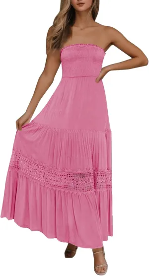 Women Strapless Boho Summer Maxi Dresses Backless Off Shoulder Lace Trim Flowy Swing Casual Long Dress Beach Sundress