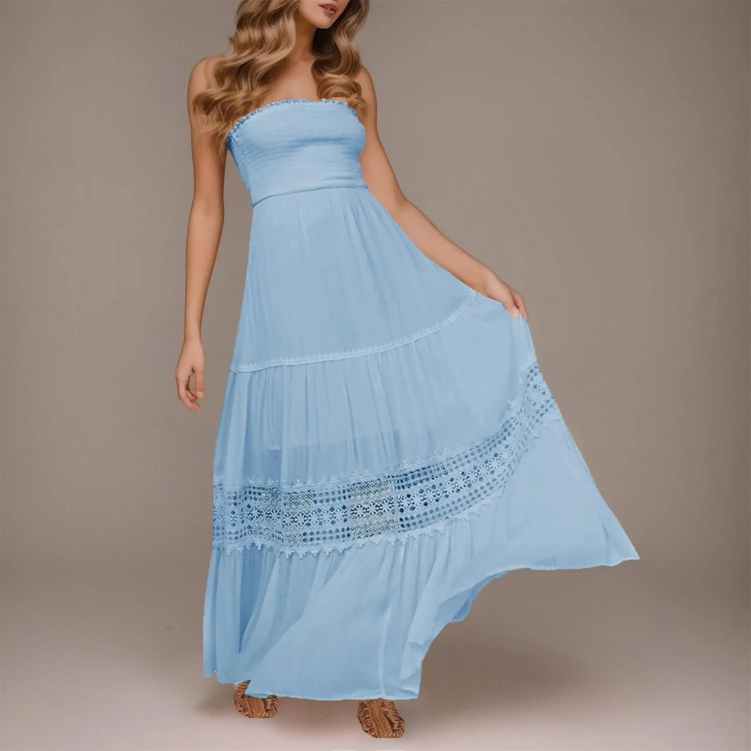 Women Strapless Boho Summer Maxi Dresses Backless Off Shoulder Lace Trim Flowy Swing Casual Long Dress Beach Sundress