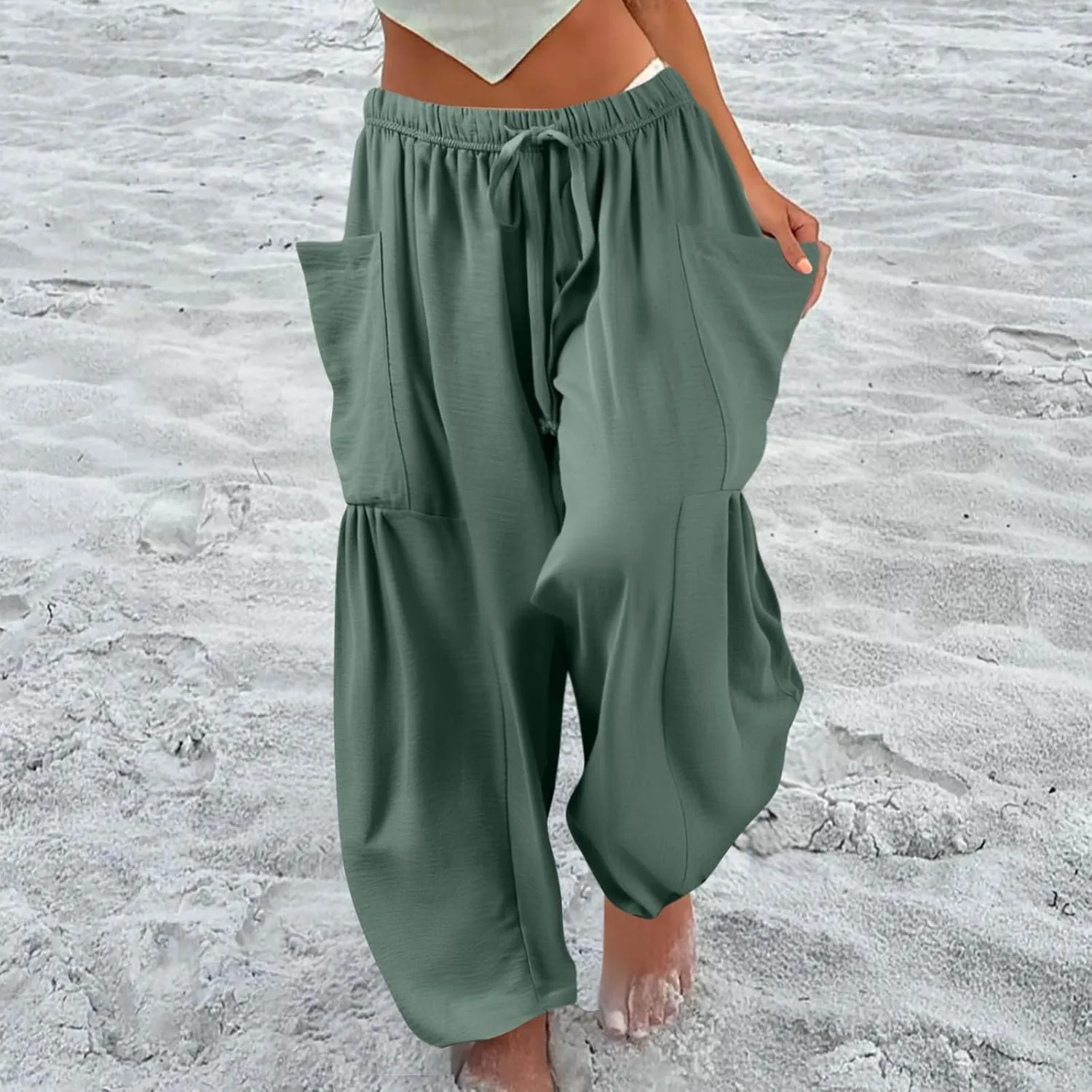 Women Summer Beach Vacation Pants Wide Leg High Waisted Drawstring Pants Casual Boho Loose Trendy Palazzo Clothes