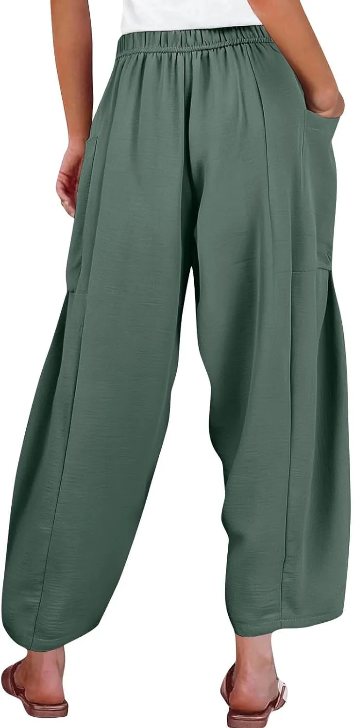 Women Summer Beach Vacation Pants Wide Leg High Waisted Drawstring Pants Casual Boho Loose Trendy Palazzo Clothes