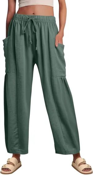 Women Summer Beach Vacation Pants Wide Leg High Waisted Drawstring Pants Casual Boho Loose Trendy Palazzo Clothes