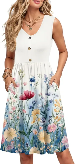 Women Summer Dresses 2025 Beach Vacation Tank Dress Casual Loose Swing Button Down Sleeveless Midi Sundress with Pockets