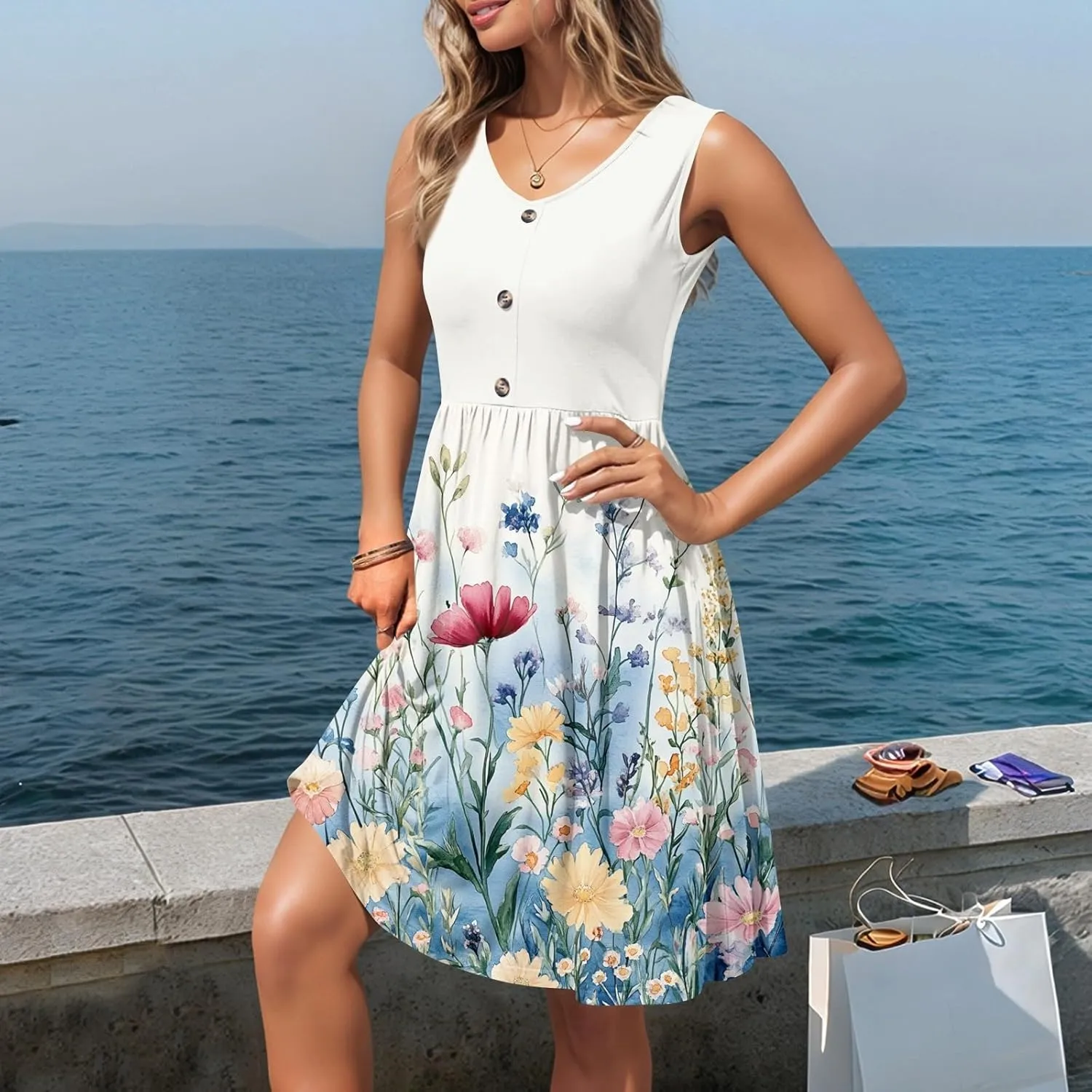 Women Summer Dresses 2025 Beach Vacation Tank Dress Casual Loose Swing Button Down Sleeveless Midi Sundress with Pockets