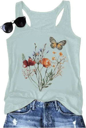 Women Summer Vintage Flowers Tank: Wildflowers and Butterflies Tanks Boho Floral Printed Shirt Summer Graphic Tee Tops