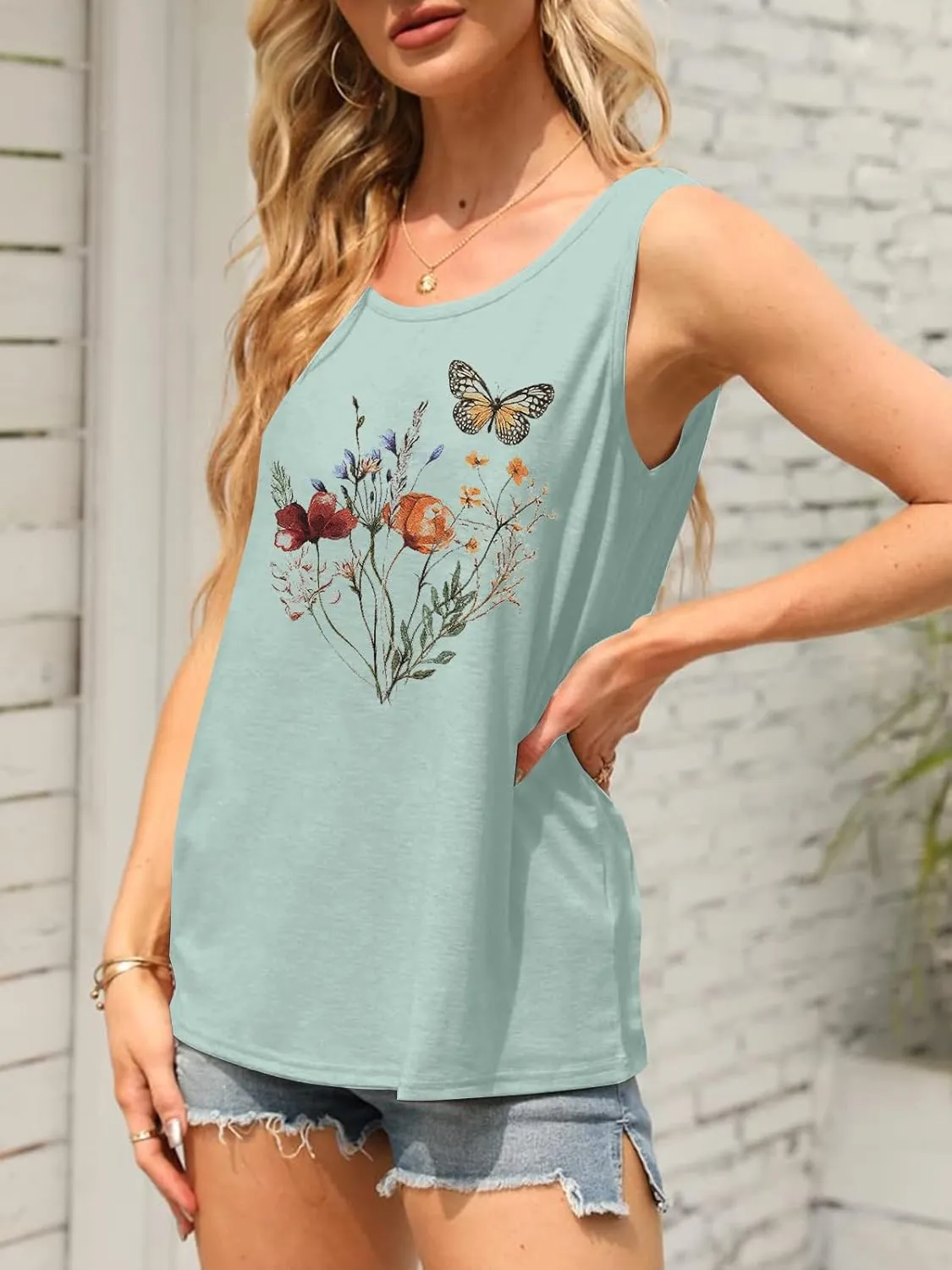 Women Summer Vintage Flowers Tank: Wildflowers and Butterflies Tanks Boho Floral Printed Shirt Summer Graphic Tee Tops