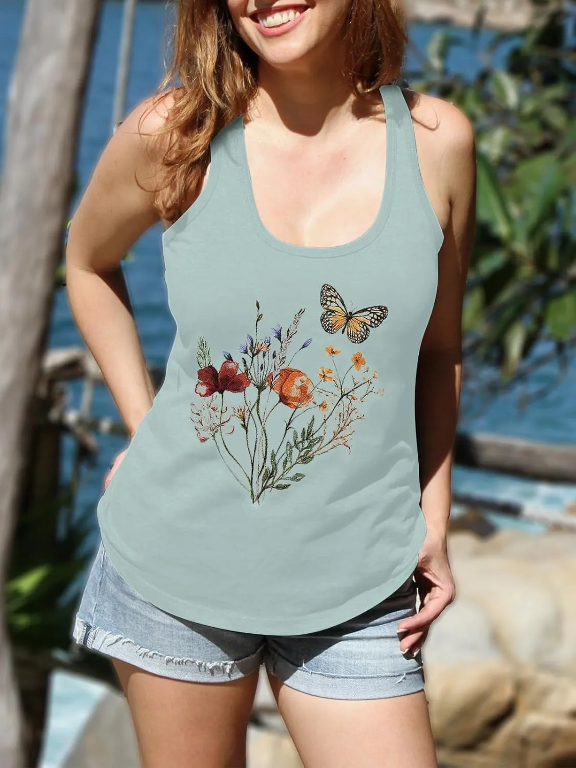 Women Summer Vintage Flowers Tank: Wildflowers and Butterflies Tanks Boho Floral Printed Shirt Summer Graphic Tee Tops