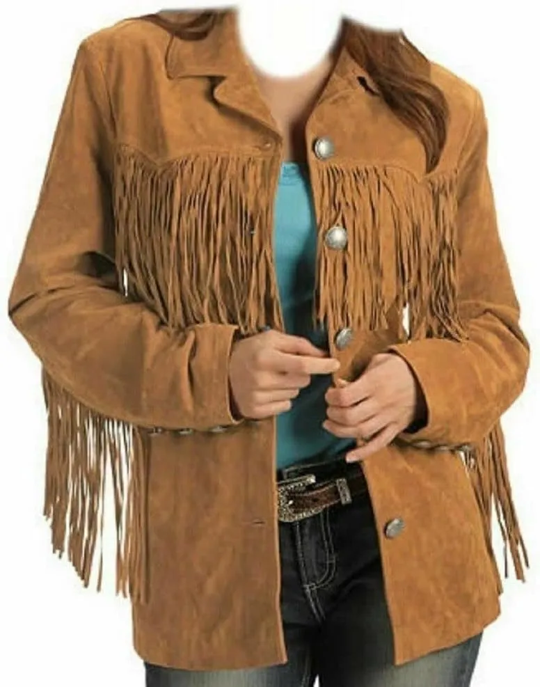 Women Traditional Western Cowgirl 100% Genuine Suede Leather Jacket | Ladies Native American coat with Fringed
