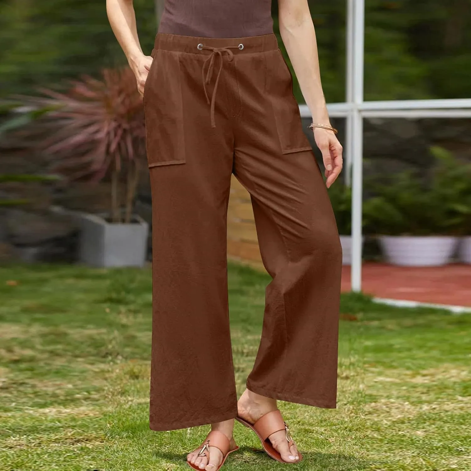Women Wide Leg Linen Pants 2025 Summer Casual Jogging Pants Drawstring High Waisted Trousers with Pockets