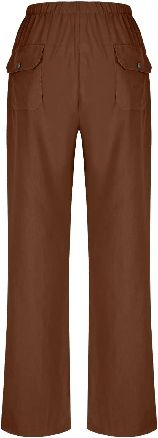 Women Wide Leg Linen Pants 2025 Summer Casual Jogging Pants Drawstring High Waisted Trousers with Pockets