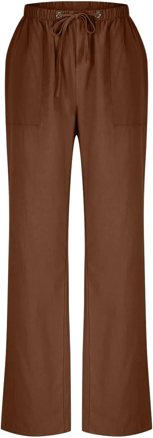 Women Wide Leg Linen Pants 2025 Summer Casual Jogging Pants Drawstring High Waisted Trousers with Pockets