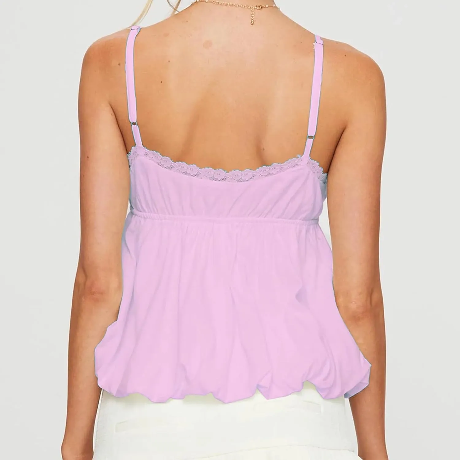 Women Y2k Spaghetti Strap Top V Neck Flare Hem Lace Trim Babydoll Camisole Flowy Summer Tee Shirt