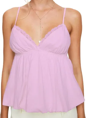 Women Y2k Spaghetti Strap Top V Neck Flare Hem Lace Trim Babydoll Camisole Flowy Summer Tee Shirt