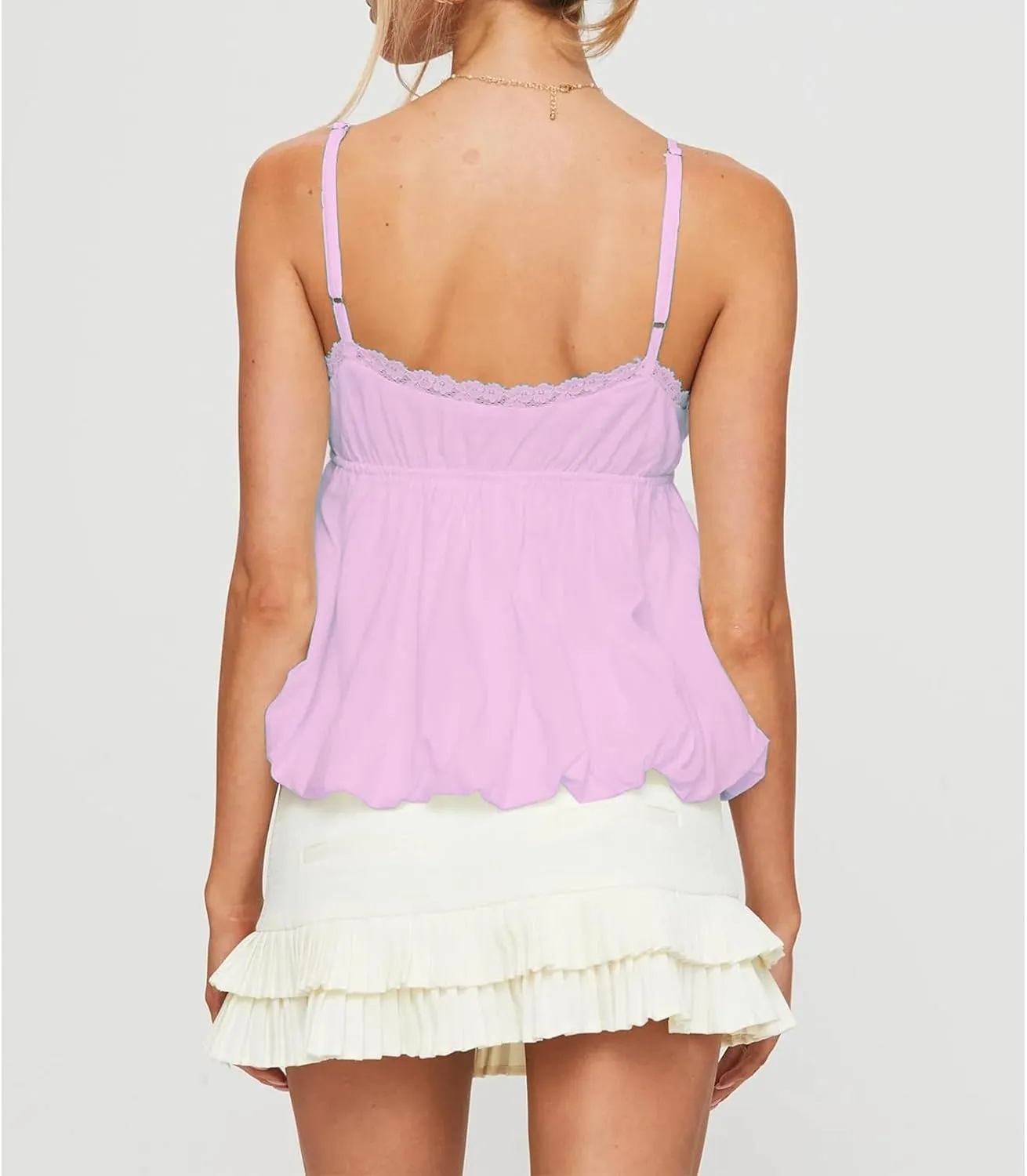 Women Y2k Spaghetti Strap Top V Neck Flare Hem Lace Trim Babydoll Camisole Flowy Summer Tee Shirt