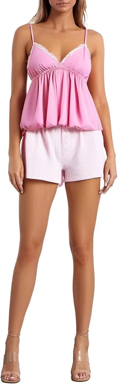 Women Y2k Spaghetti Strap Top V Neck Flare Hem Lace Trim Babydoll Camisole Flowy Summer Tee Shirt
