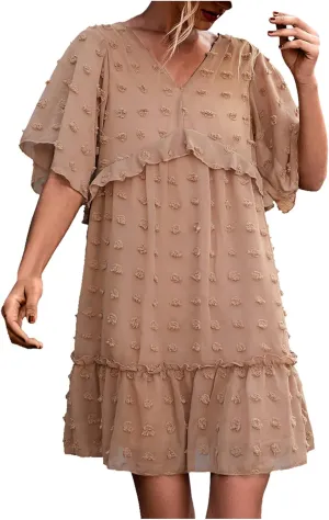Womens 2022 Summer Casual Ruffles Swiss Dot Elegant Boho Mini Short Skater Dresses Sexy V Neck Short Sleeve Beach Dress Khaki