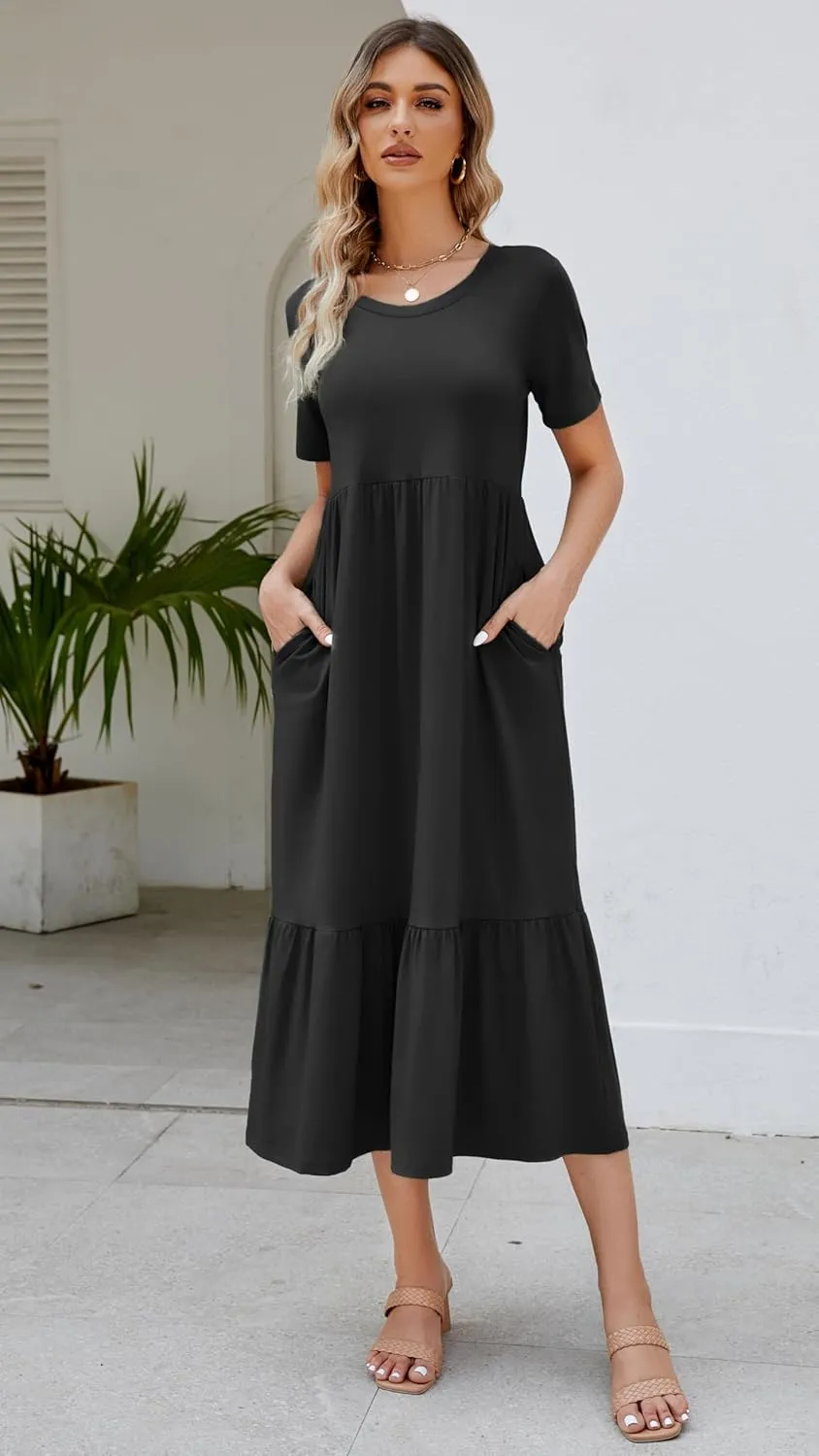 Women's 2025 Summer Short Sleeve Crew Neck Swing Dress Flowy Tiered Maxi Beach Sundress with Pockets