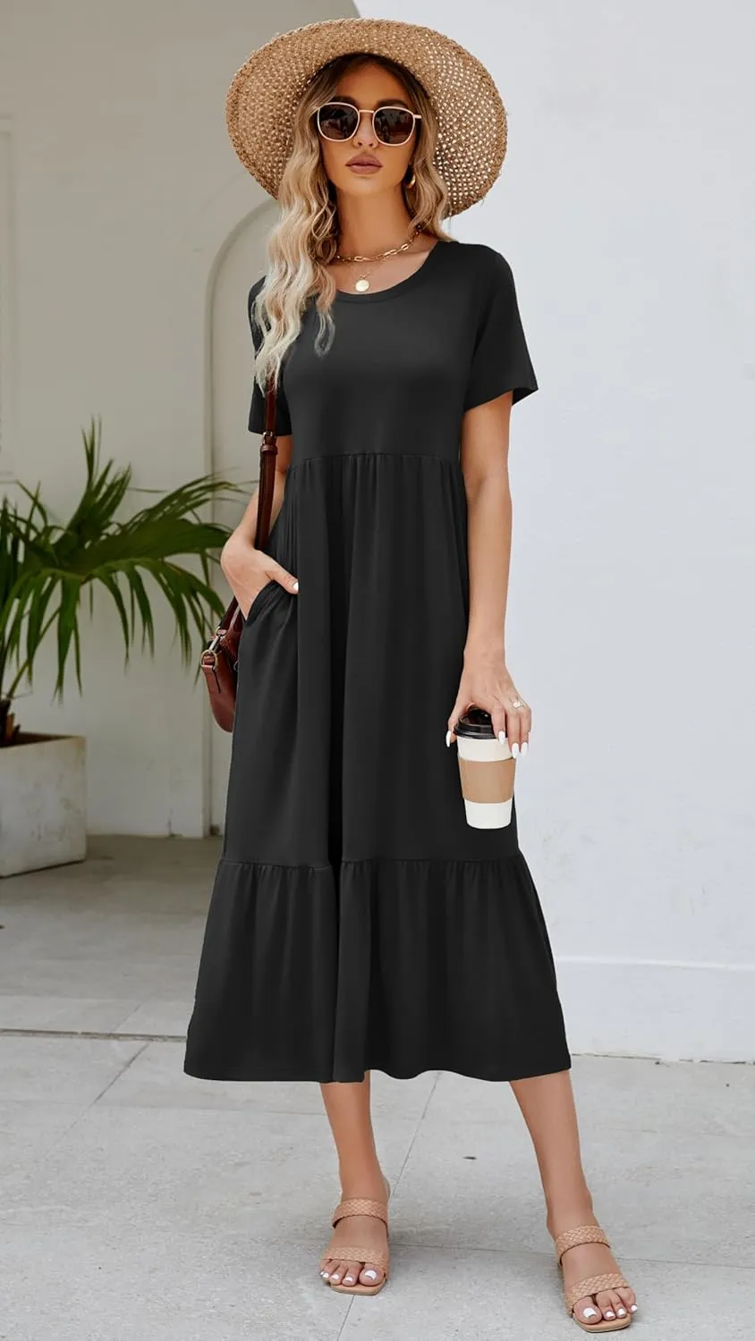 Women's 2025 Summer Short Sleeve Crew Neck Swing Dress Flowy Tiered Maxi Beach Sundress with Pockets