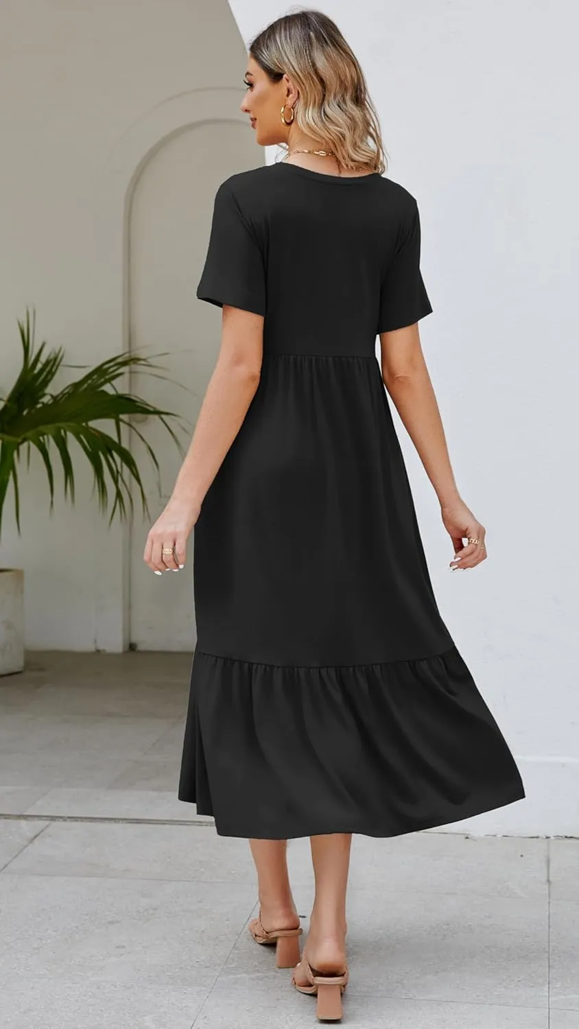 Women's 2025 Summer Short Sleeve Crew Neck Swing Dress Flowy Tiered Maxi Beach Sundress with Pockets