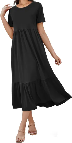 Women's 2025 Summer Short Sleeve Crew Neck Swing Dress Flowy Tiered Maxi Beach Sundress with Pockets