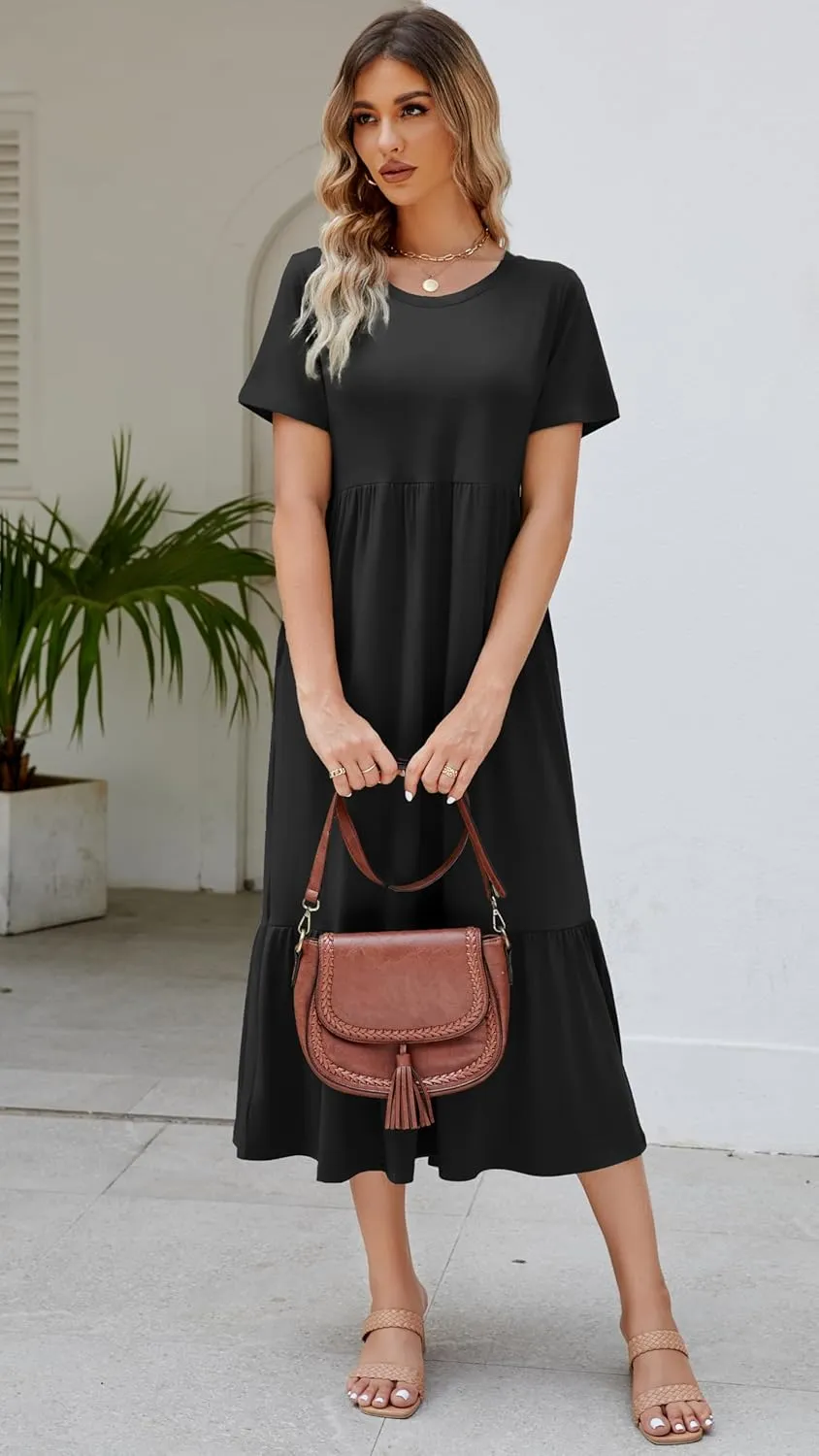 Women's 2025 Summer Short Sleeve Crew Neck Swing Dress Flowy Tiered Maxi Beach Sundress with Pockets