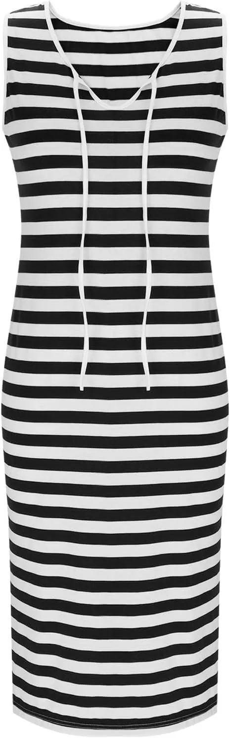 Women's 2025 Summer V Neck Striped Color Block Tank Dress Sleeveless Side Slit Casual Midi Beach Vacation Sundress